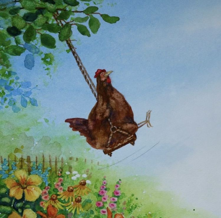 Watercolour of a hen swinging from a tree branch above a flower garden